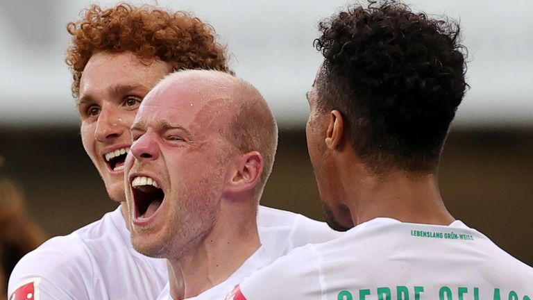 Davy Klaassen celebrates after scoring for Werder Bremen during their vital 5-1 win