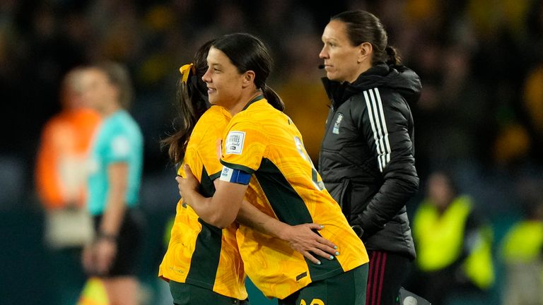 Australia's Sam Kerr is changed in during the Women's World Cup round of 16 soccer match between Australia and Denmark at Stadium Australia in Sydney, Australia, Monday, Aug. 7, 2023. (AP Photo/Rick Rycroft)