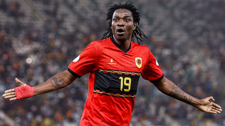 Angola's forward #19 Mabululu celebrates scoring his team's third goal during the Africa Cup of Nations (CAN) 2024 round of 16 football match between Angola and Namibia at the Stade de la Paix in Bouake on January 27, 2024. (Photo by KENZO TRIBOUILLARD / AFP)