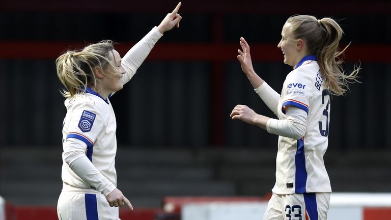Erin Cuthbert celebrates her goal against West Ham