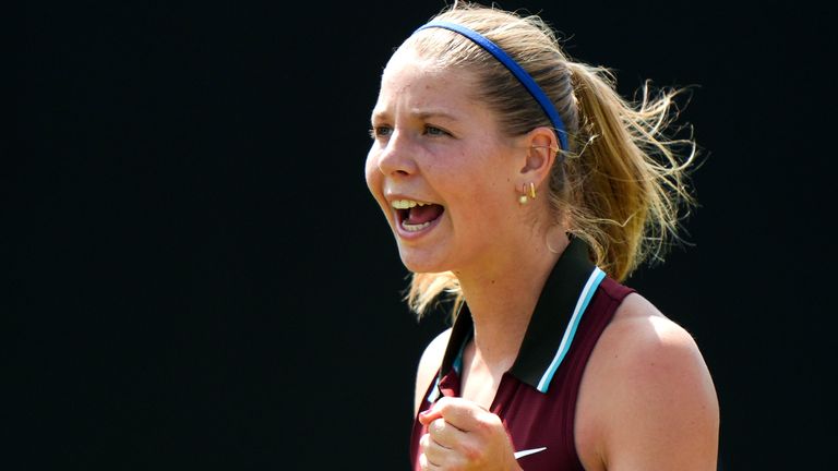 Hannah Klugman reacts during her match against Yulia Putintseva on day one of the Rothesay Open at the Lexus Nottingham Tennis Centre, Notti